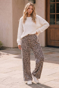 Leopard Print Wide Leg Pants with Side Stripe