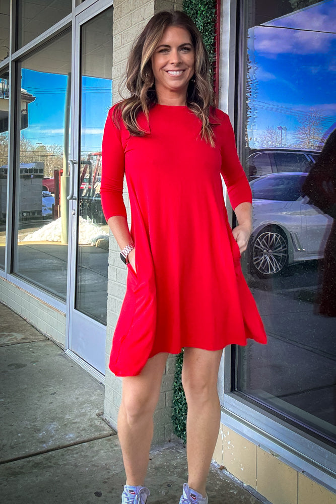 SALE-The Perfect Piko 3/4 Sleeve Swing Dress-Red Large / Red