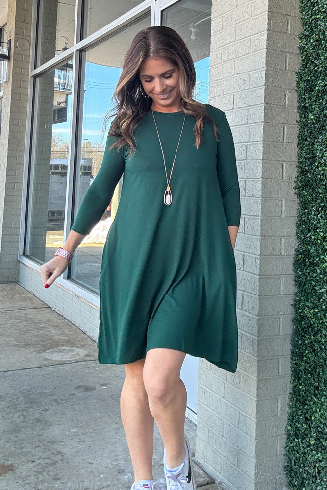 SALE-The Perfect Piko 3/4 Sleeve Swing Dress-Forest Green - Simply Dixie Boutique