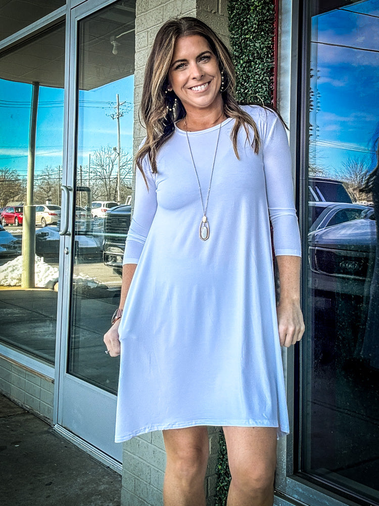 SALE-The Perfect Piko 3/4 Sleeve Swing Dress-White - Simply Dixie Boutique
