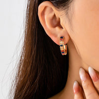 Multicolor Baguette Crystal Hoop Earrings-Gold