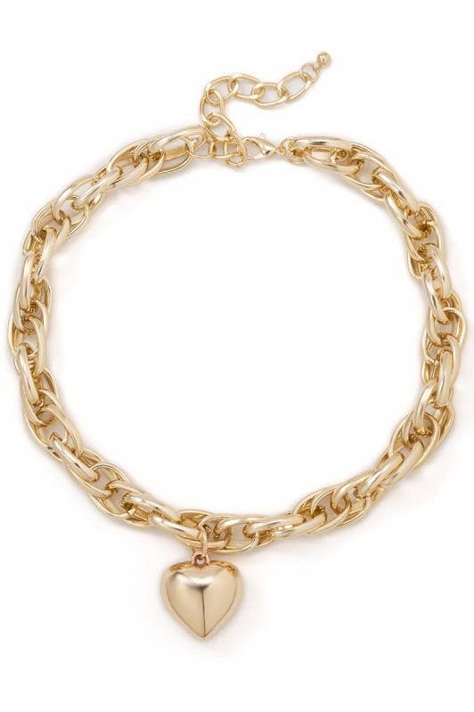 Puffy Heart Chunky Chain Statement Necklace-Gold