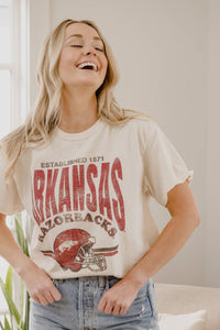 Arkansas Razorbacks thrifted-style t-shirt with football helmet graphic and established date