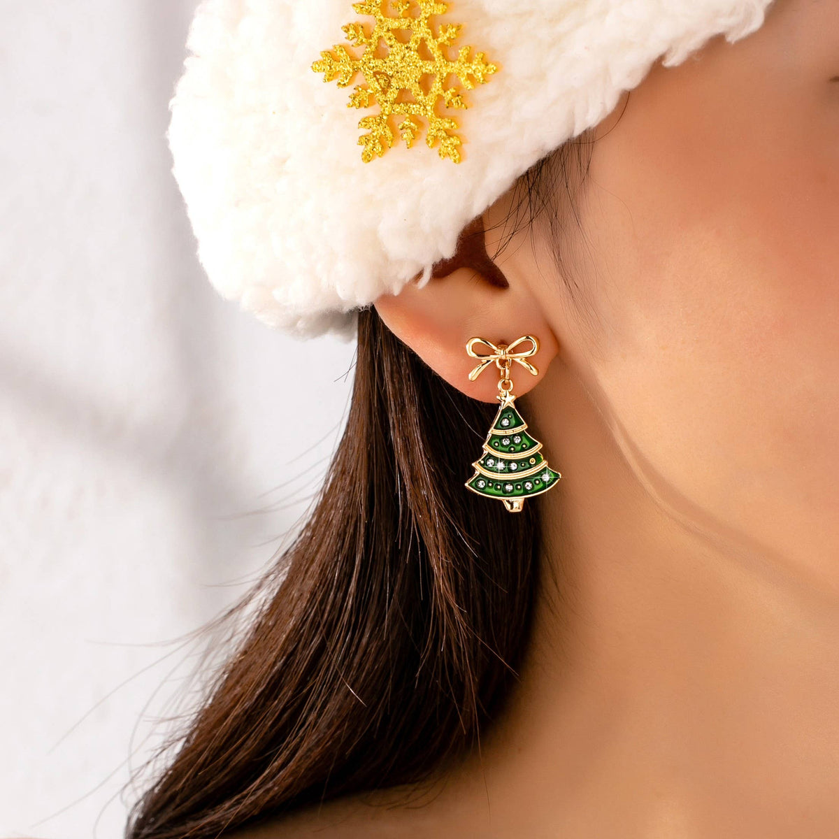 Christmas Tree & Bow Dangle Earrings-Gold