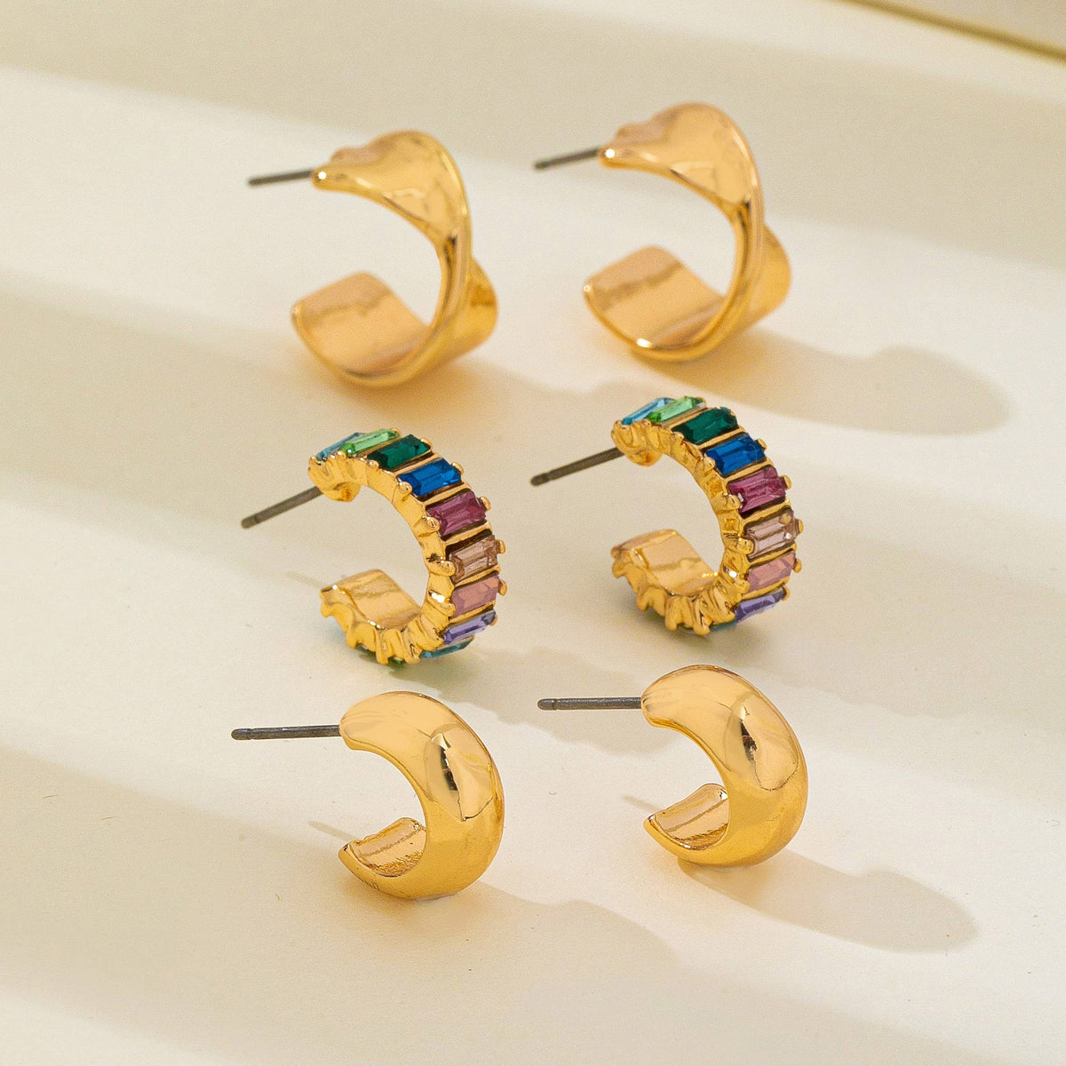 Multi Colored Baguette Twisted Hoop Trio Earring-Gold