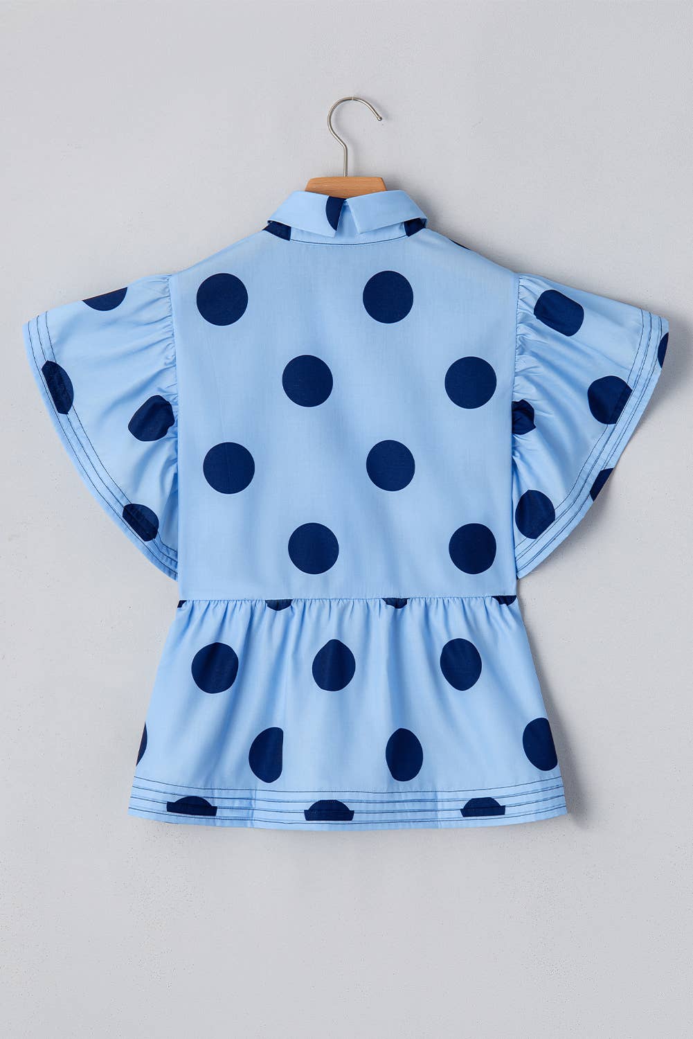 Polka Dot Print Ruffled Buttoned Collared Blouse-Sky Blue