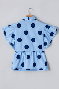 Polka Dot Print Ruffled Buttoned Collared Blouse-Sky Blue