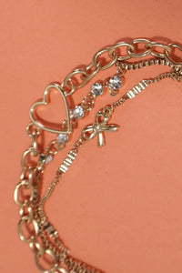 Multi Layer Bow Heart Station Rhinestone Bracelet - Gold