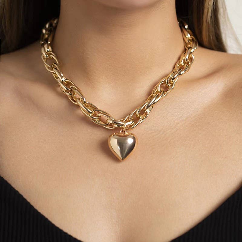 Puffy Heart Chunky Chain Statement Necklace-Gold