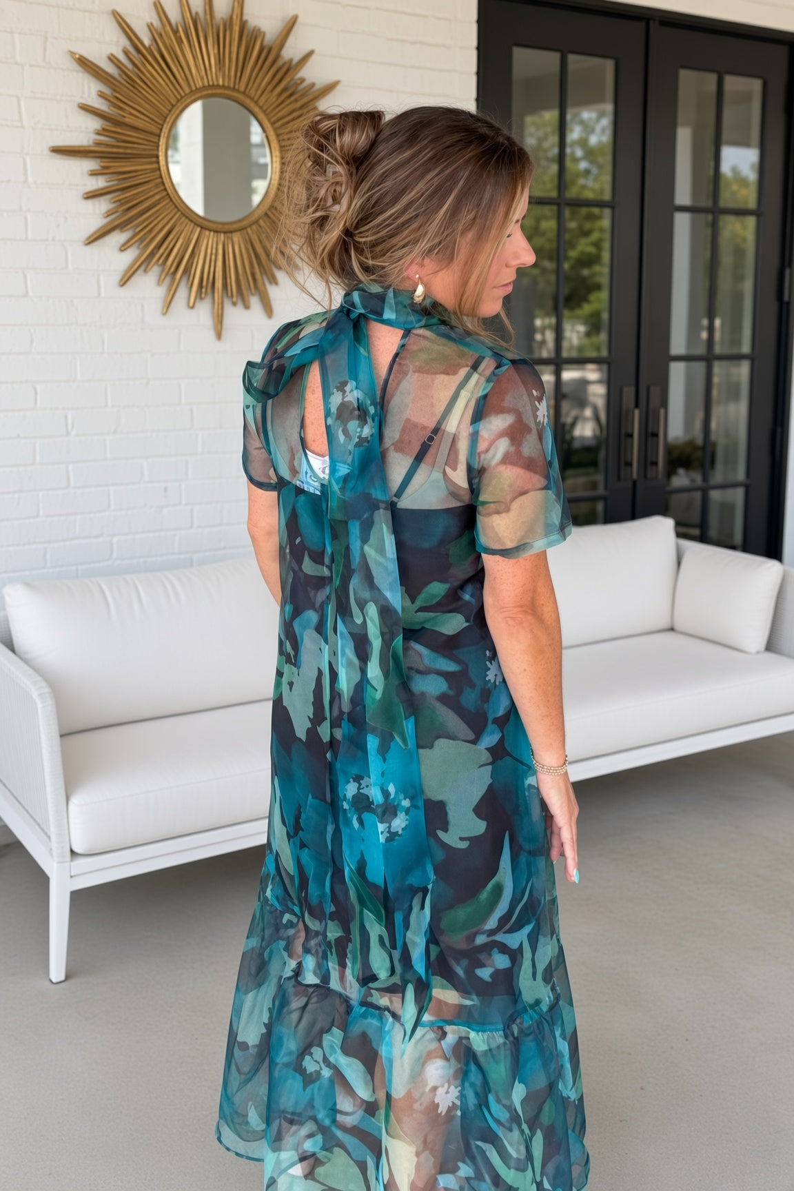 Garden Strolls Sheer Floral Maxi Dress-Green