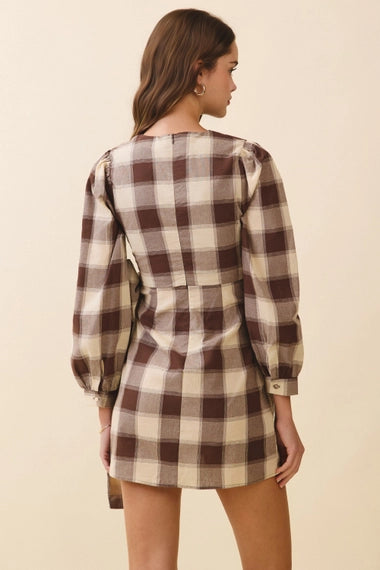 Plaid V-Neck Tie Waist Wrap Mini Dress-Brown