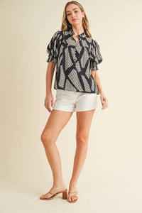 SALE-Geometric Stripes Print Puff Sleeve Blouse-Black