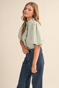 Striped Ruffled Button Down Top-Seafoam