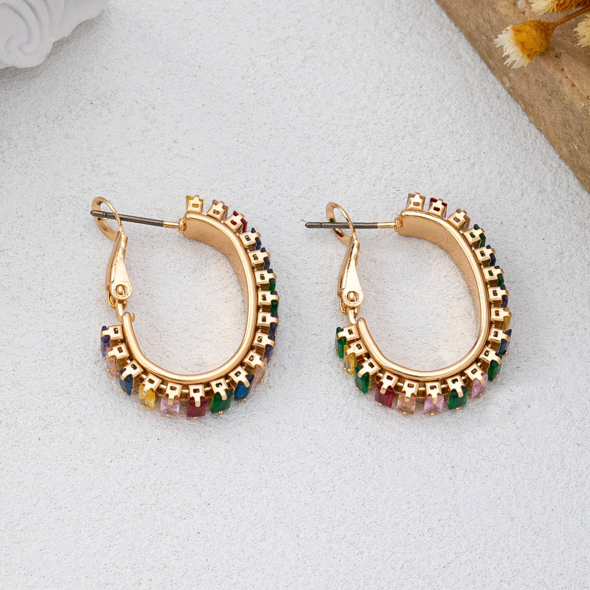 Multicolor Baguette Crystal Hoop Earrings-Gold