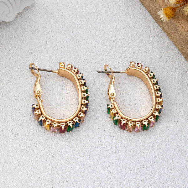 Multicolor Baguette Crystal Hoop Earrings-Gold