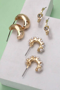 Trio Pearl Diamond Cut Huggie Hoop Earrings - Gold