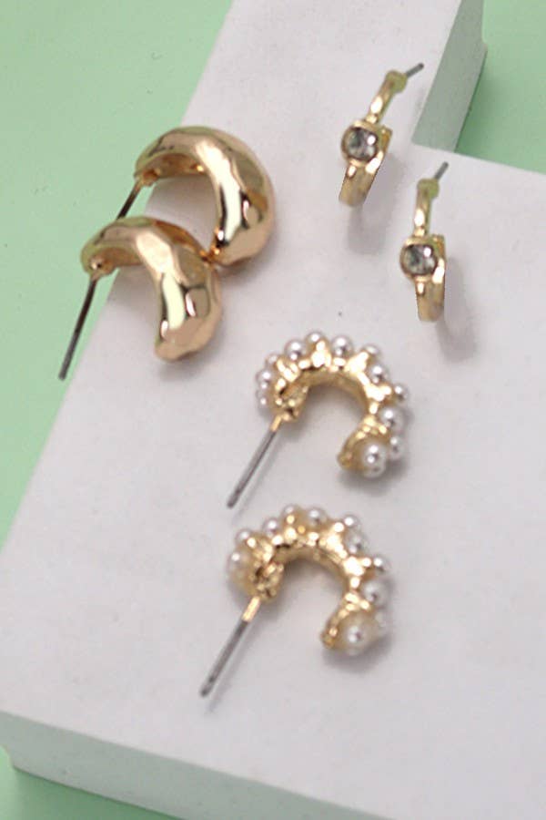 Trio Pearl Diamond Cut Huggie Hoop Earrings - Gold