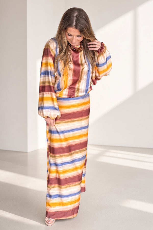 Watercolor Stripe Maxi Skirt Set-Multi
