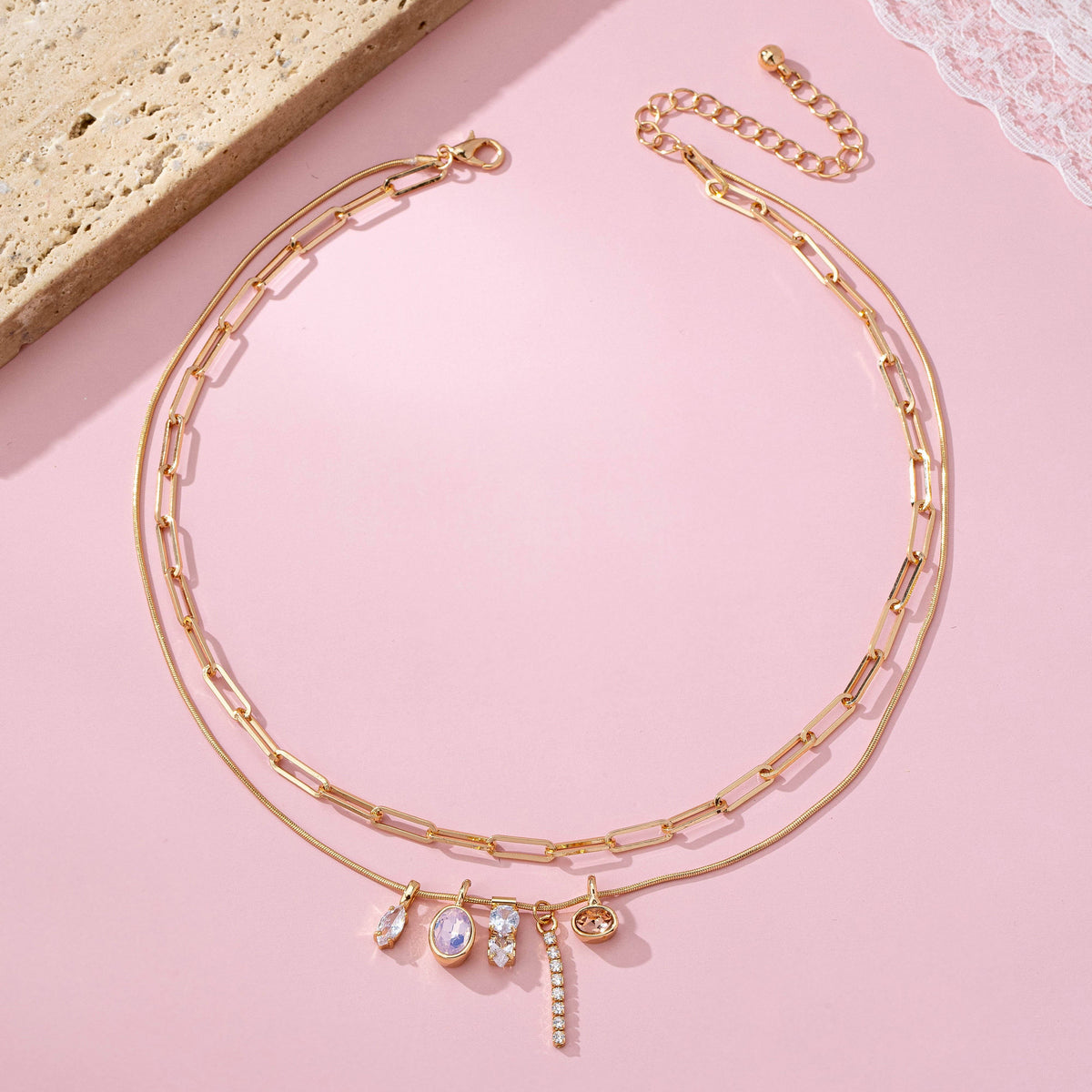 Crystal Cluster Charm Double-Layer Necklace - Gold