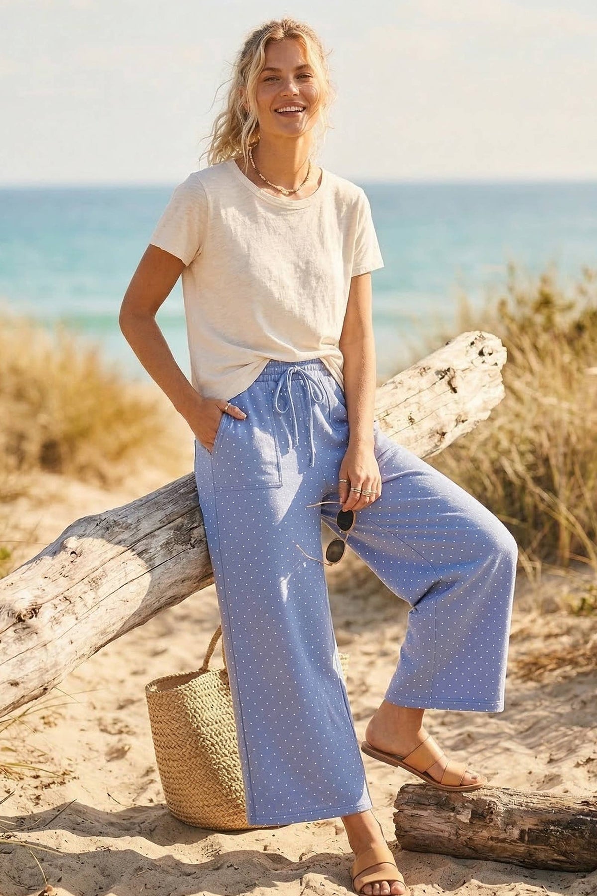 Relaxed Polka Dot Wide Leg Pants-Red/White