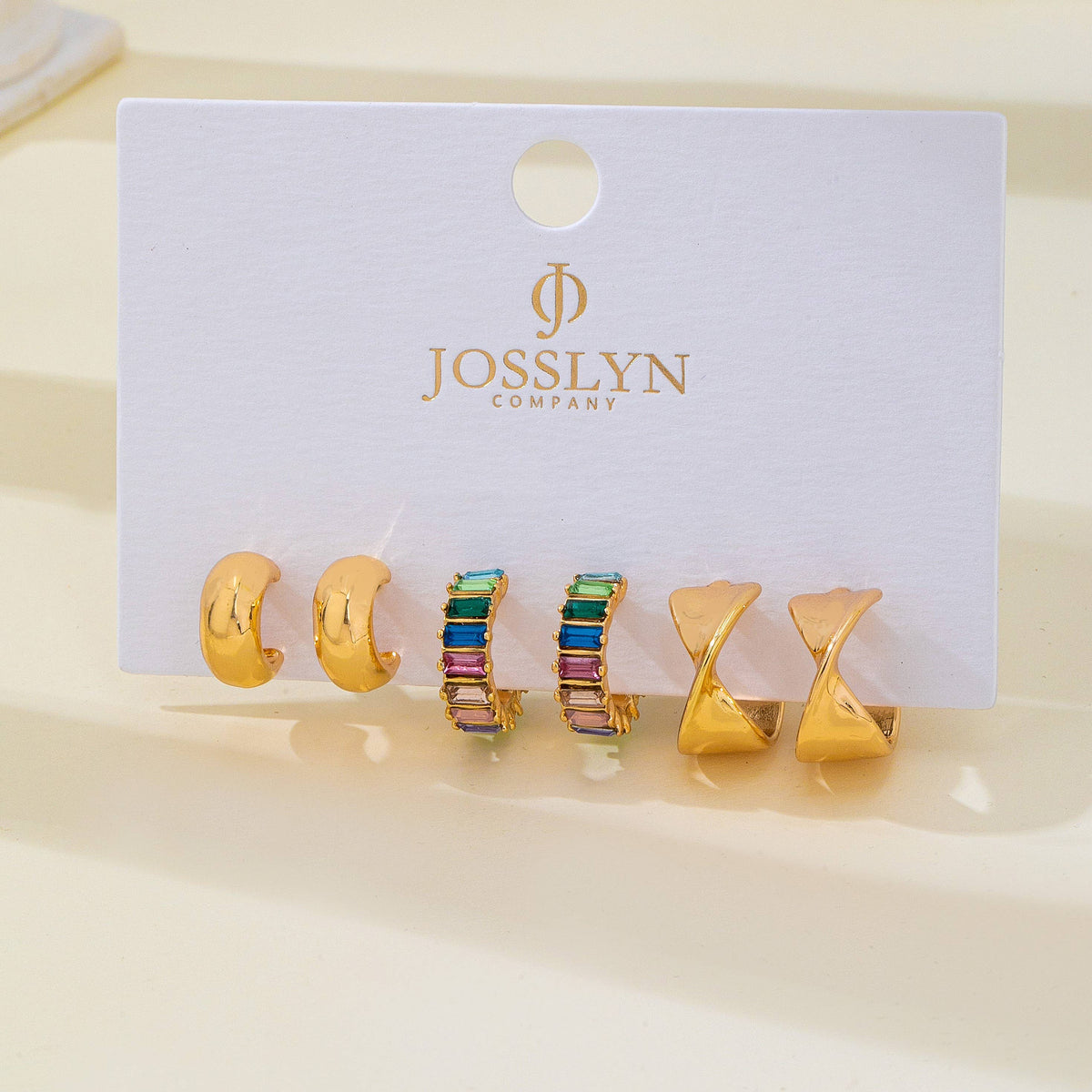 Multi Colored Baguette Twisted Hoop Trio Earring-Gold
