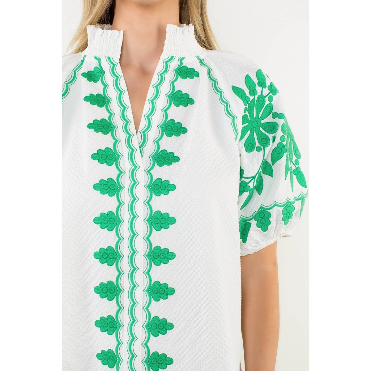 THML - Embroidered Smocked Neck Puff Top-White