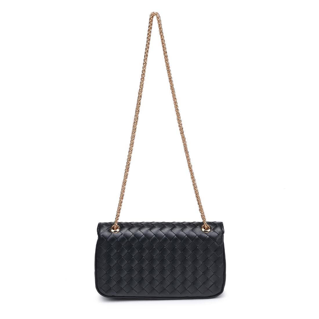 Black quilted handbag with a gold chain strap on a white background