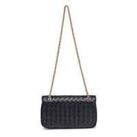 Black quilted handbag with a gold chain strap on a white background