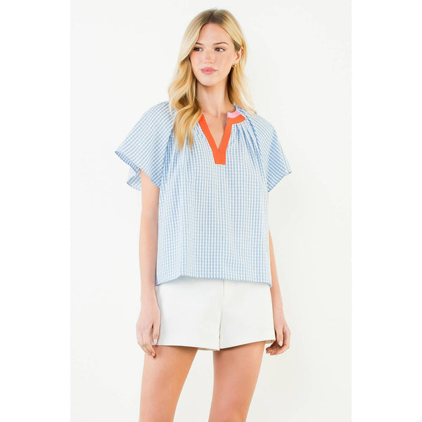 THML - Short Sleeve Gingham Patterned Top-Light Blue