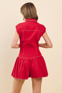 Sleeveless Contrast Stitching Snap Button Romper-Red