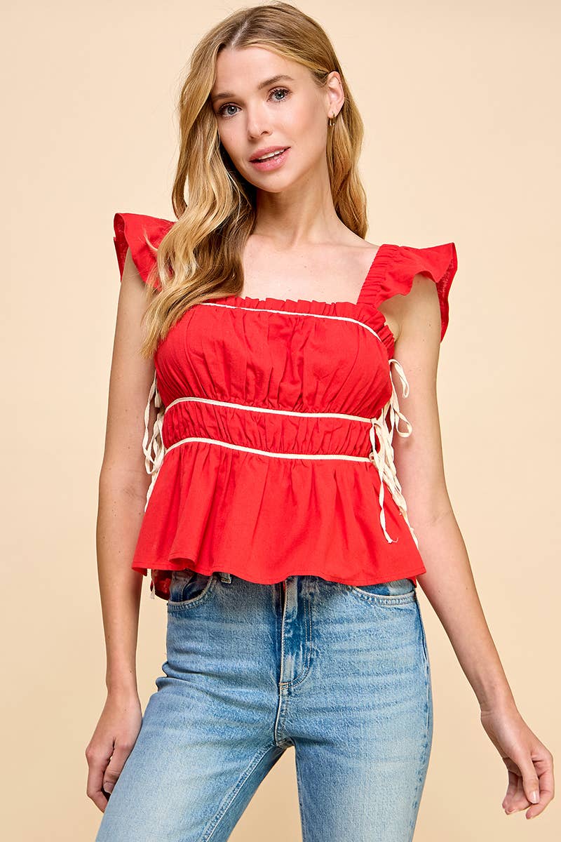 SALE-Ruched Detail Ruffled Straps Top-Red