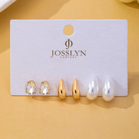 Teardrop Crystal Gold Pearl Trio Stud Earring Set-Gold