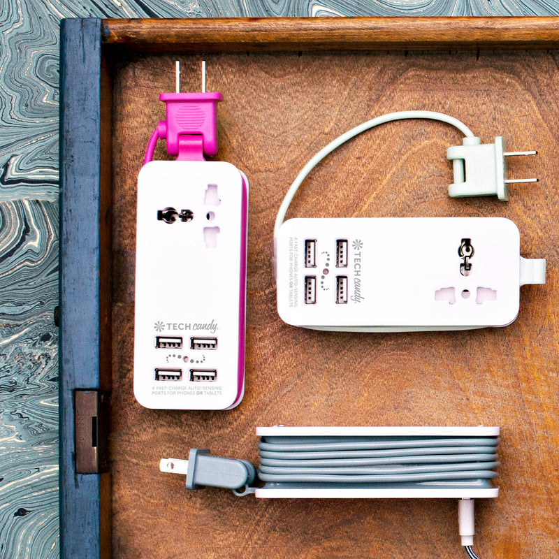 Tech Candy - POWER TRIP OUTLET + USB TRAVEL CHARGING STATION : PINK: WHITE/BRIGHT PINK