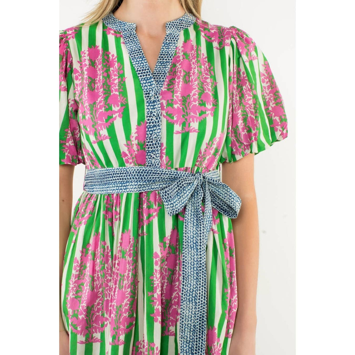 THML - Tie Waist Puff Sleeve Print Dress-Green