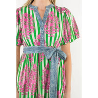 THML - Tie Waist Puff Sleeve Print Dress-Green
