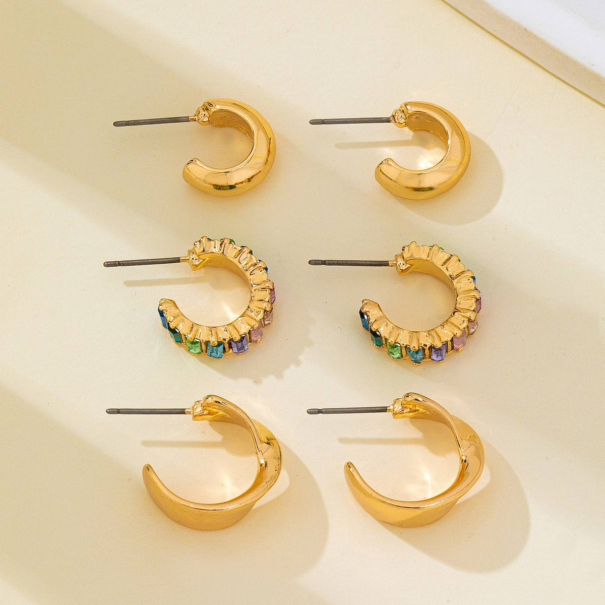 Multi Colored Baguette Twisted Hoop Trio Earring-Gold