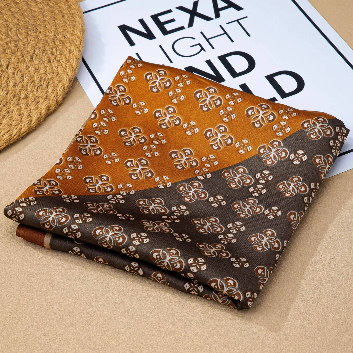 Geometric Tile Motif Color-Block Silky Scarf-Brown