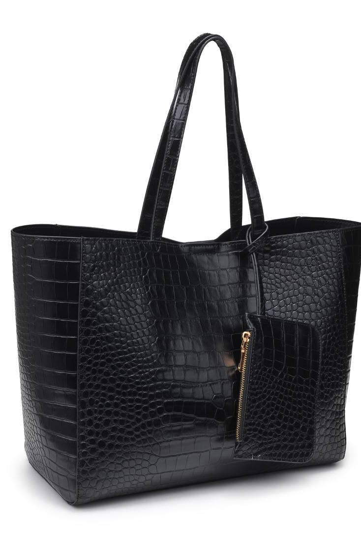 Black textured tote bag with a gold zipper on a white background