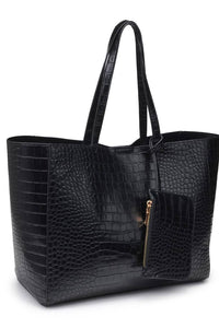 Black textured tote bag with a gold zipper on a white background