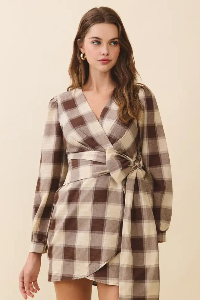 Plaid V-Neck Tie Waist Wrap Mini Dress-Brown-Simply Dixie Boutique Small