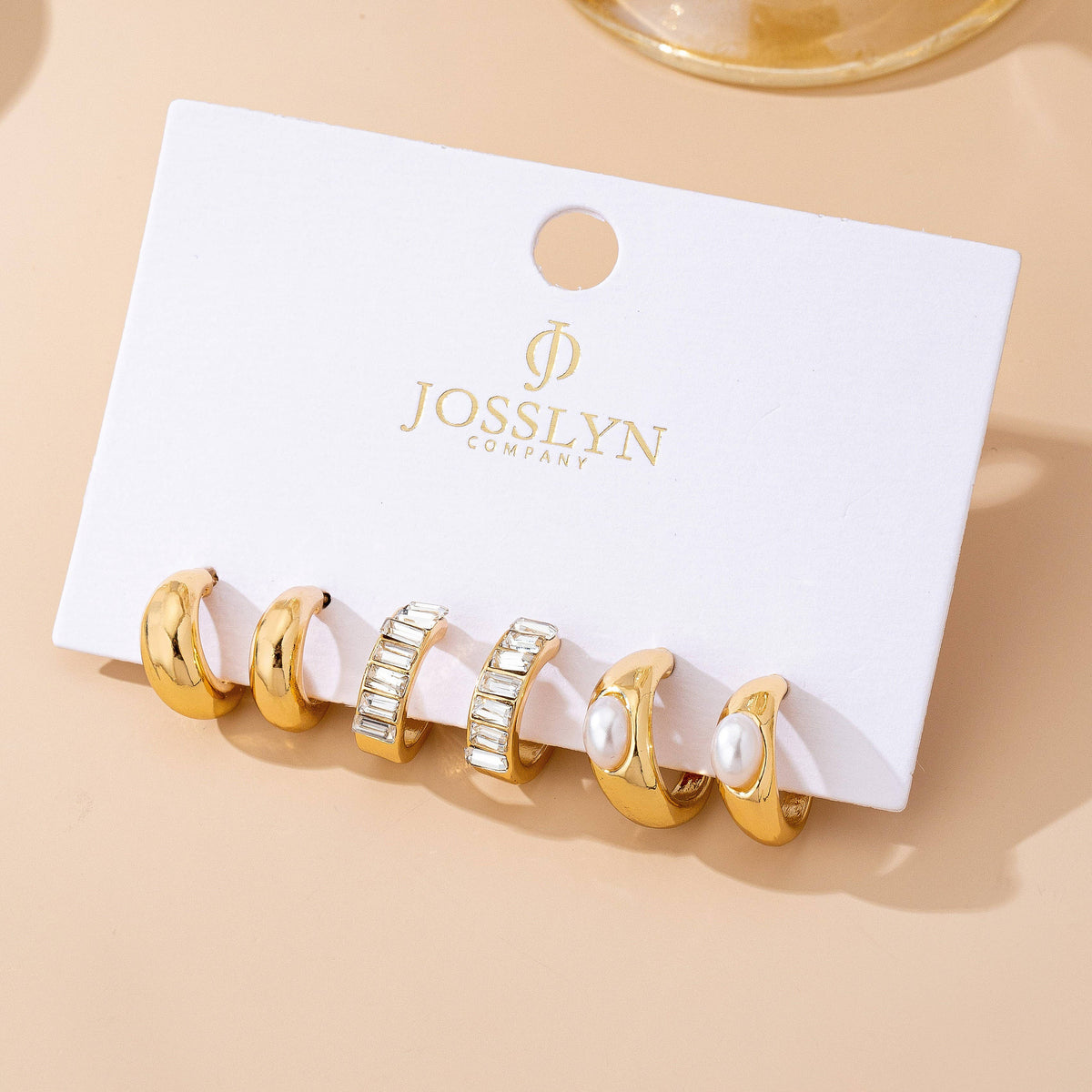 Pearl & Baguette Huggie Hoop Trio Earring Set-Gold