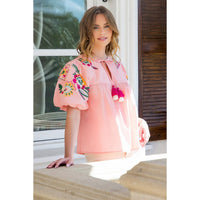 THML - Embroidered Detail Puff Sleeve Top-Pink