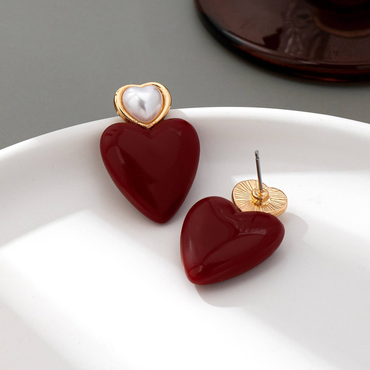Double Heart Pearl Red Heart Drop Earrings - Gold