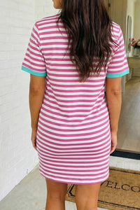 Striped Tie Pocket Mini Dress-Sky Blue Stripe