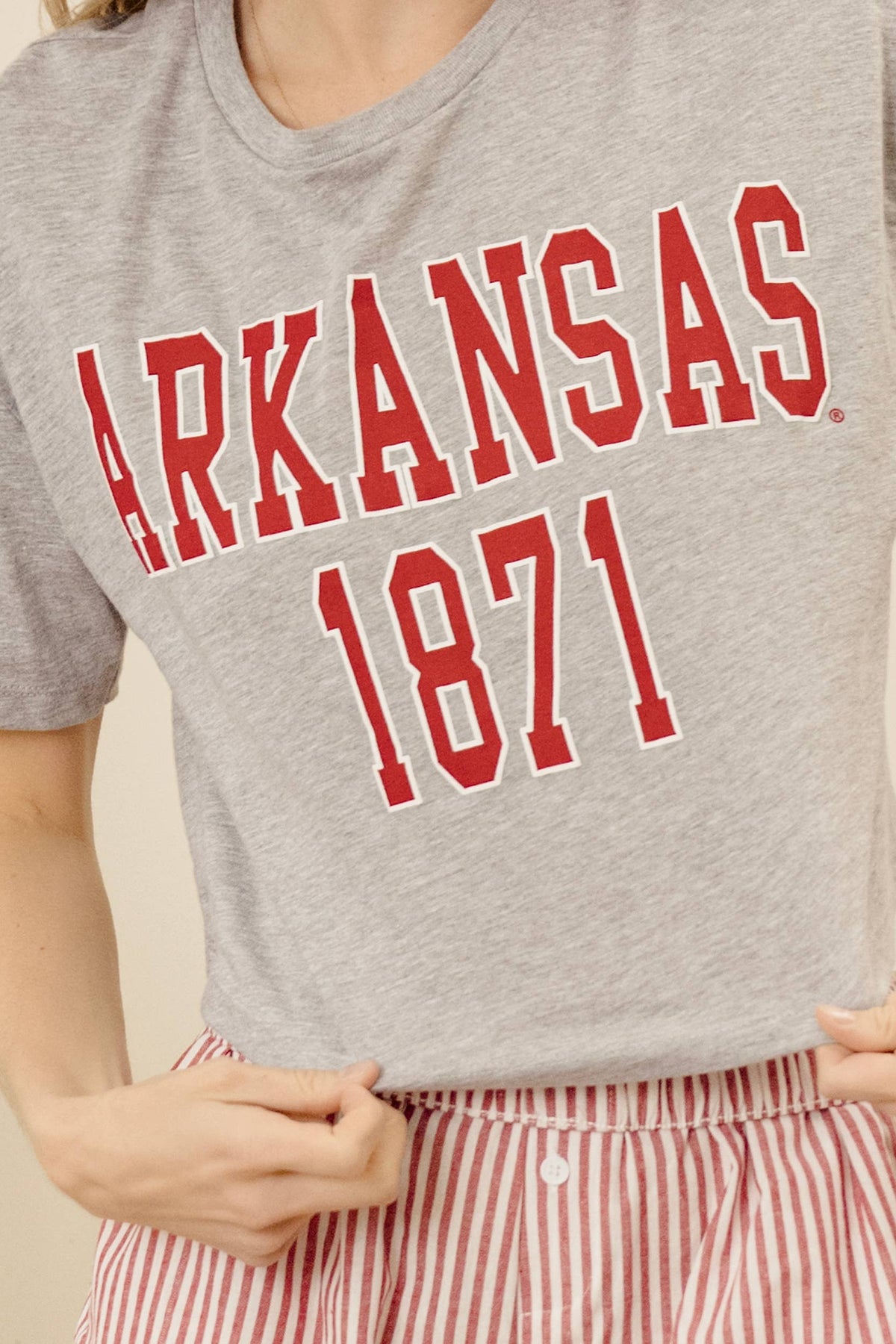 LivyLu - Arkansas Razorbacks College Block Puff Ink Cropped Tee-Grey
