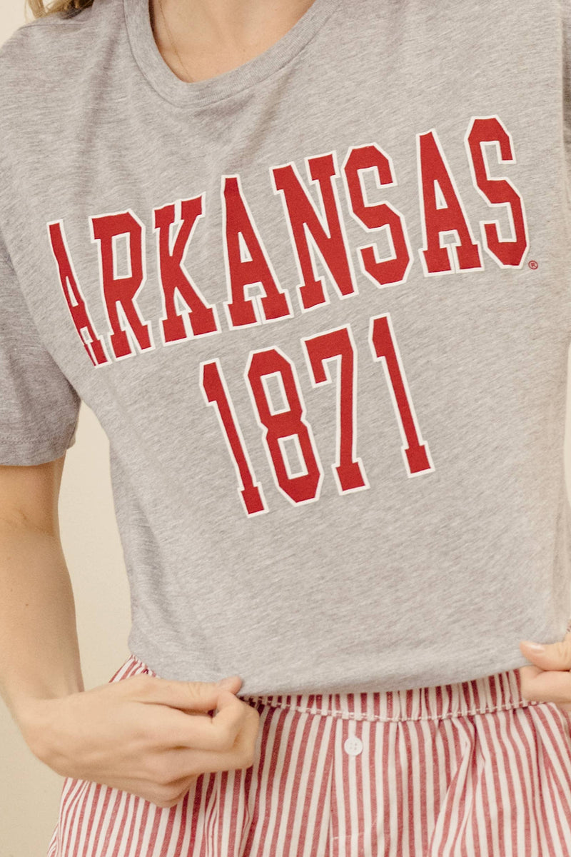 SALE- LivyLu - Arkansas Razorbacks College Block Puff Ink Cropped Tee-Grey