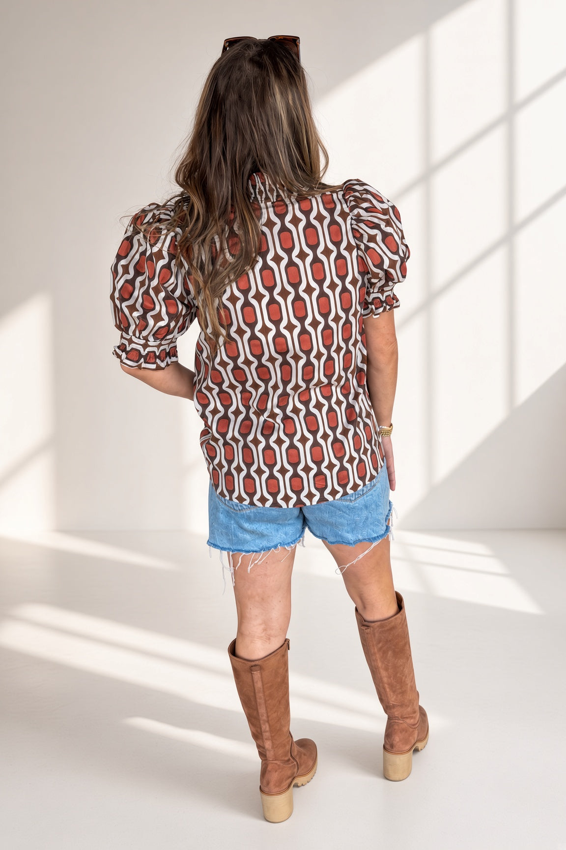 Stroll The Heights Geometric Print Top-Brown