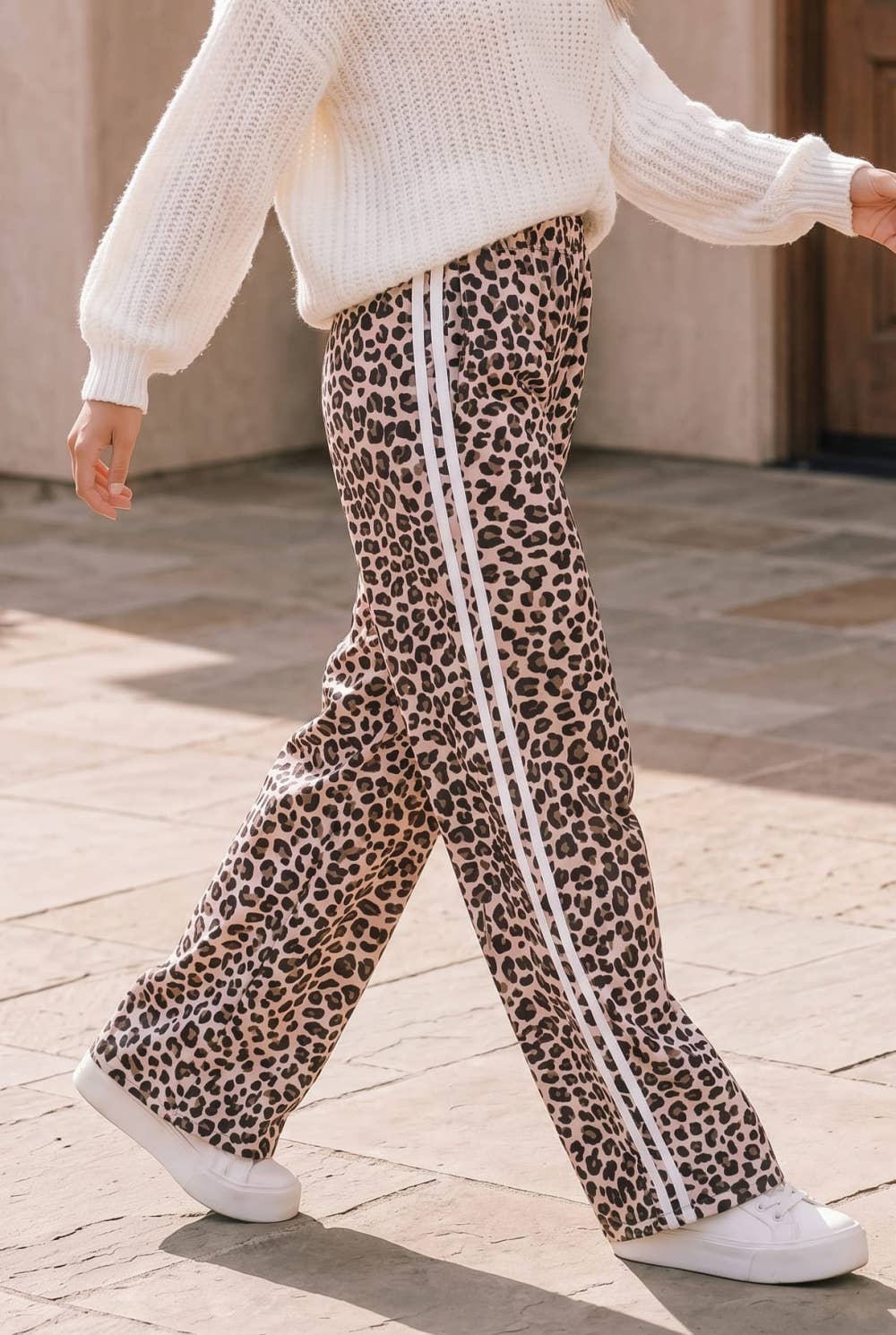 Leopard Print Wide Leg Pants with Side Stripe