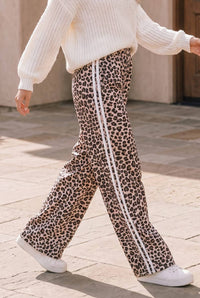 Leopard Print Wide Leg Pants with Side Stripe