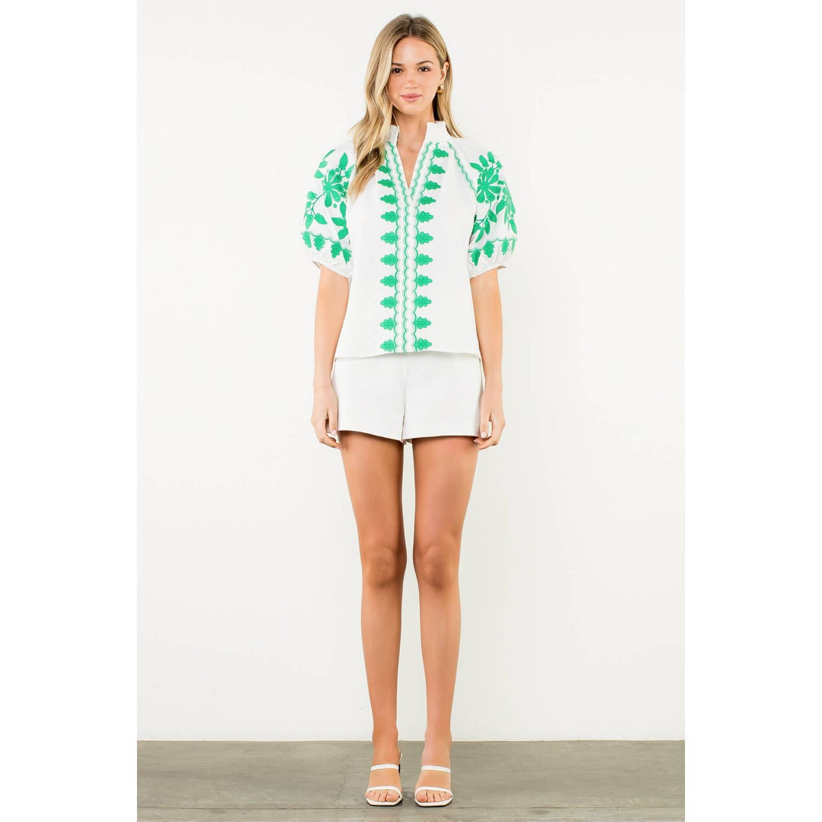 THML - Embroidered Smocked Neck Puff Top-White
